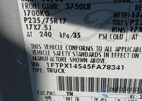 2005 Ford F-150 Fx4/Lariat/Xl/Xlt из США, поврежденный, VIN 1FTPX14545FA78341